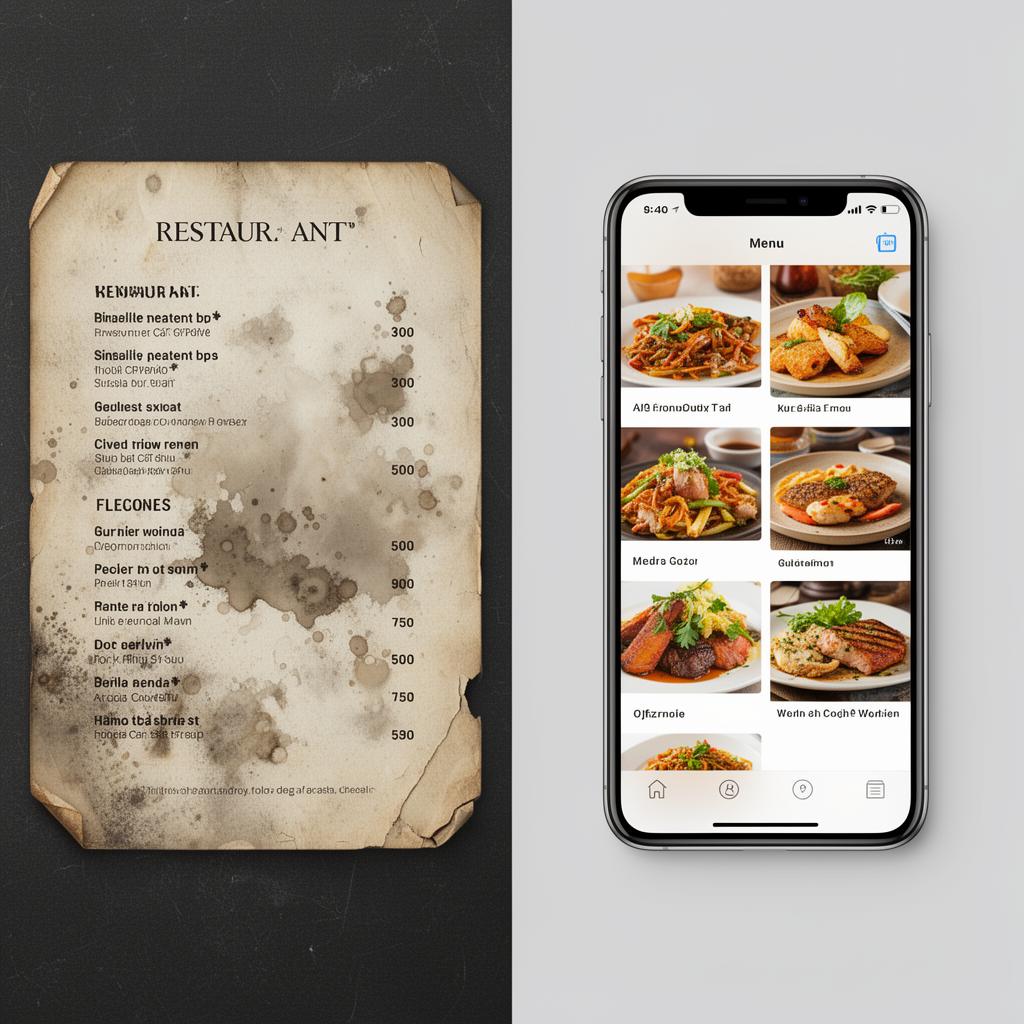 Comparaison entre un menu papier abîmé et un menu digital moderne sur smartphone