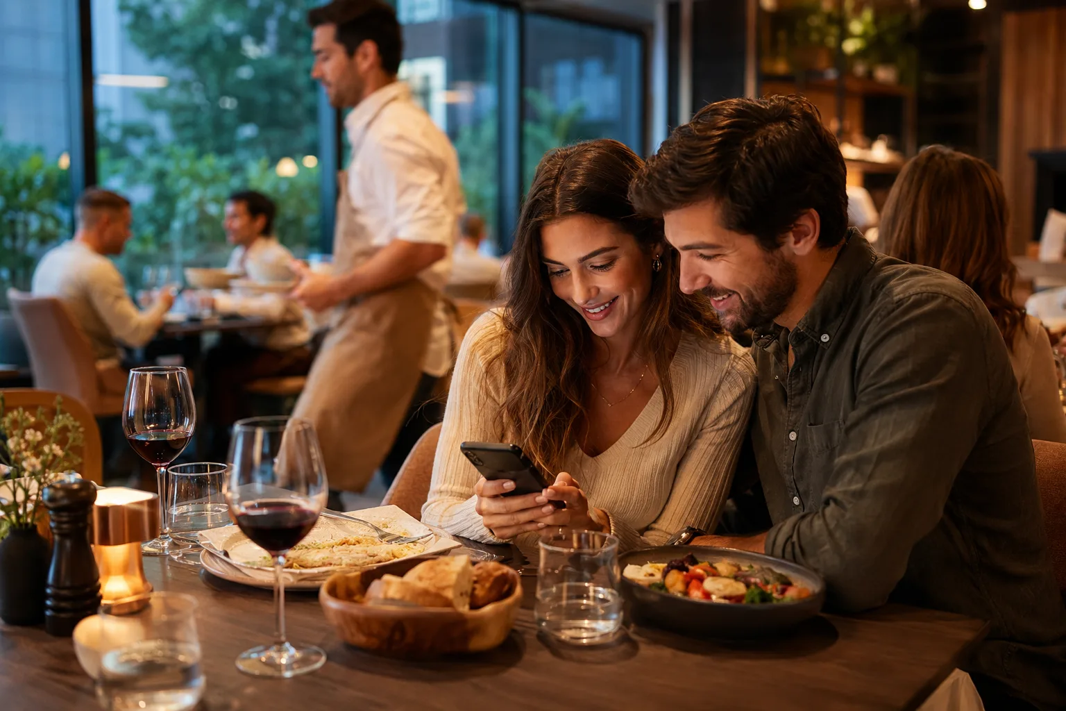 Clients consultant un menu digital via QR Code dans un restaurant moderne